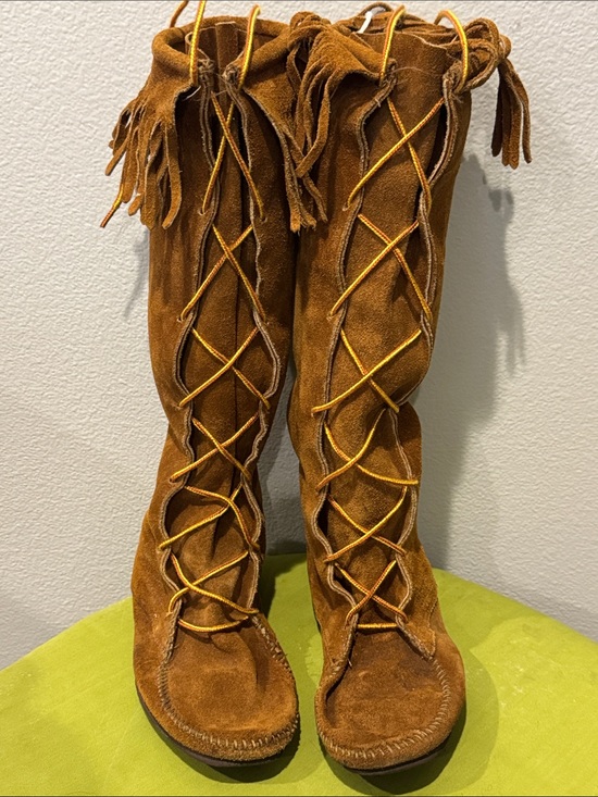 Minnetonka Shoes - Vintage Minnetonka Brown Suede Fringe Knee High Lace Up Boots